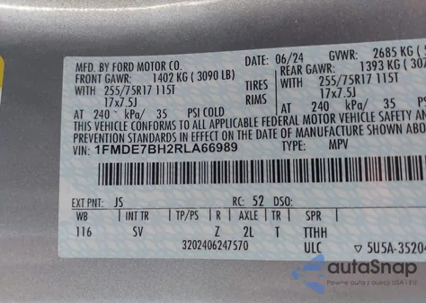 2024 Ford Bronco Big Bend z USA, uszkodzony, nr VIN 1FMDE7BH2RLA66989